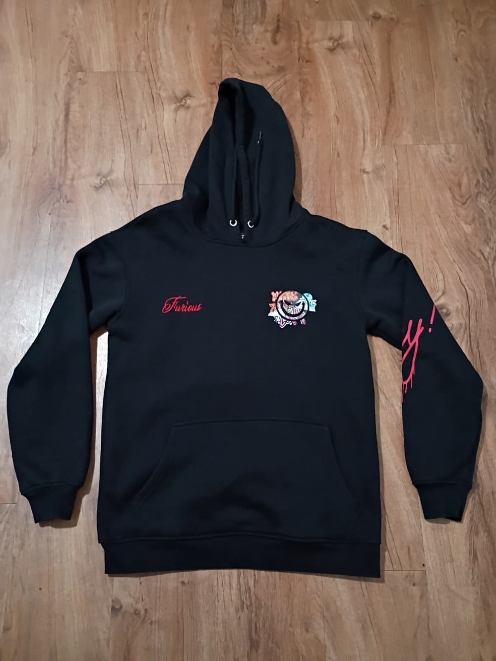 Men's Black Pullover Hoodie with Multicolor Chest Graphic